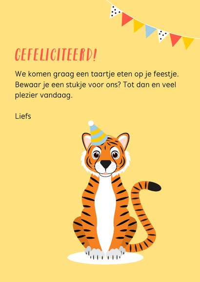 Felicitatiekaartje met olifant tijger papegaai en taart 3