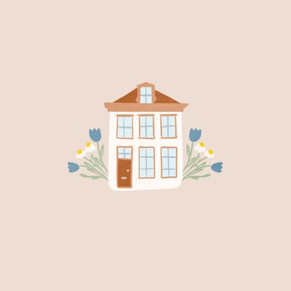 Felicitatiekaartje nieuwe woning beige met huisje bloemen 2