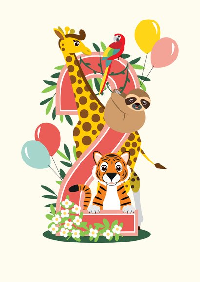 Felicitatiekaartje vrolijke jungle dieren 2 jaar in roze 2