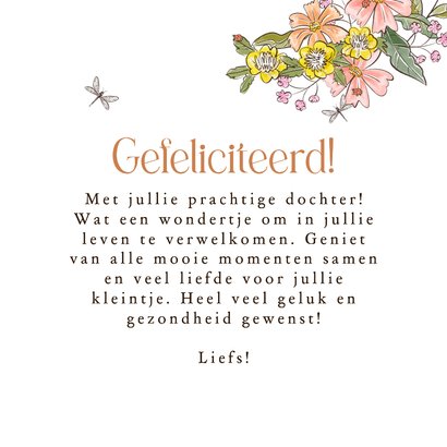Fleurige felicitatiekaart geboorte dochter bloemen floral 3