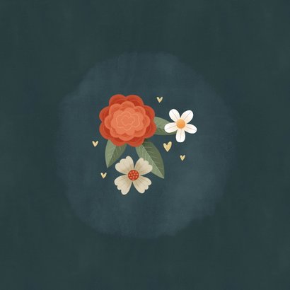 Fleurige Moederdagkaart met bloemen plantjes en hartjes Achterkant
