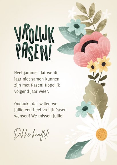 Fleurige paaskaart bloemen, bladeren, takjes Vrolijk Pasen! 3