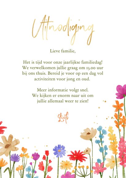 Fleurige uitnodigingskaart familiedag bloemen waterverf goud 3