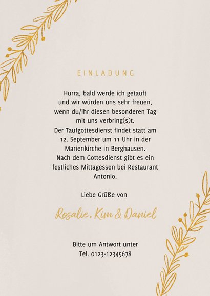 Foto-Einladungskarte zur Taufe botanischer Look 3