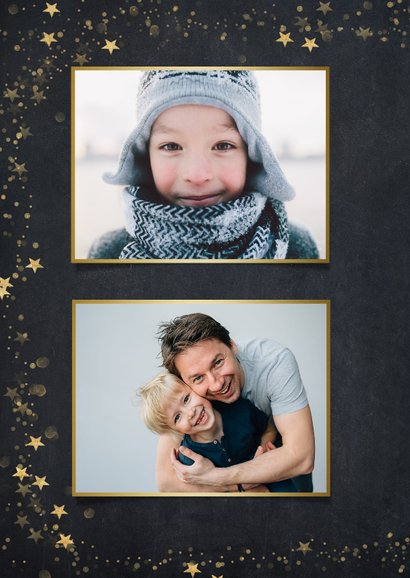 Foto nieuwjaarskaart zwart met gouden ster en 1 grote foto 2
