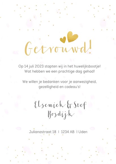 Fotocollage bedankkaartje trouwen met 3 foto's en confetti 3