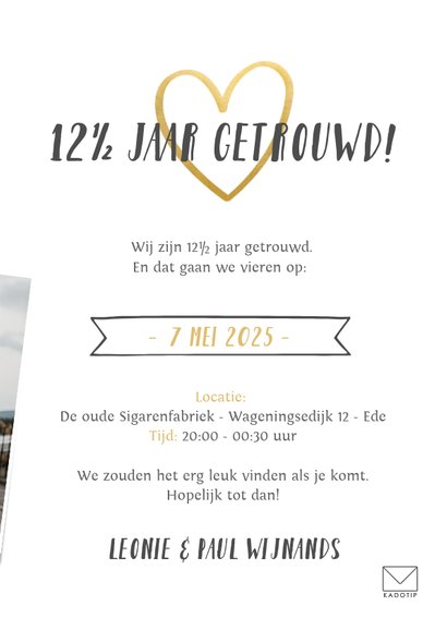 Fotocollage kaart met 8 polaroid en gouden hartjes jubileum 3