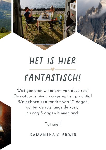 Fotocollage vakantiekaart met hexagon foto's 3