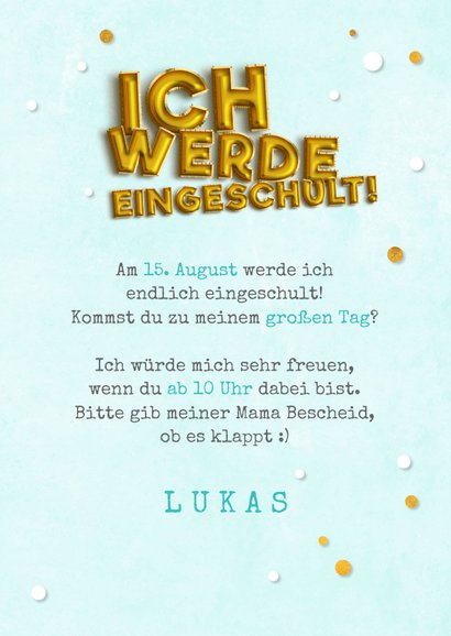 Fotoeinladung zur Einschulung Folienballons türkis 3
