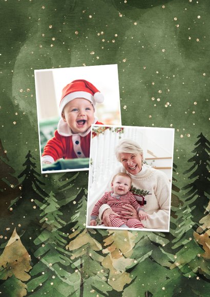 Fotokaart 'Fijne Feestdagen' kerstbomen goud twee foto's 2