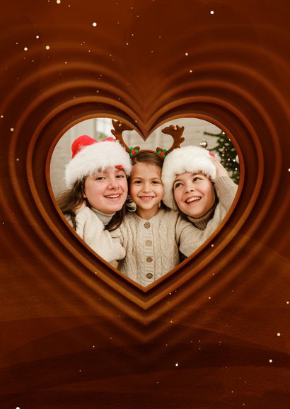 Fotokaart kerstknuffel met foto in hart op achtergrond 2