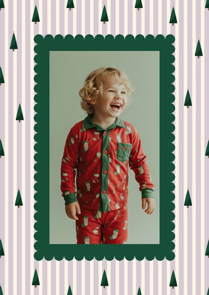 Fotokaart lila gestreept met foto en kerstbomen 2