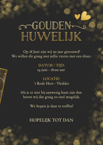 Fotokaart met uitnodiging gouden huwelijk confetti 3