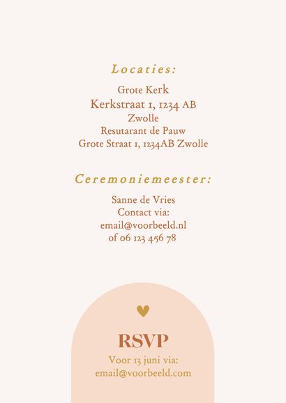 Fotokaart uitnodiging huwelijk met oranje boog en goud 2