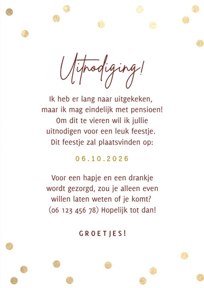 Fotokaart uitnodiging pensioen party gouden confetti & foto 3