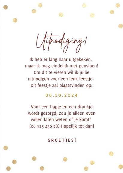 Fotokaart uitnodiging pensioen party gouden confetti & foto 3