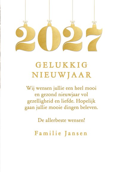 Fotokaartje nieuwjaar met jaartal kerstballen in goudlook 3