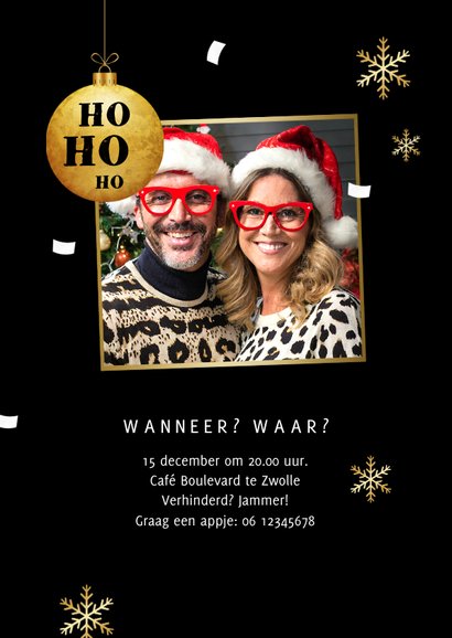 Foute kerstparty uitnodiging panterprint kerstballen sneeuw 2