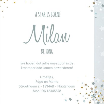 Geboorte hip blauw kaartje met vele sterretjes 3