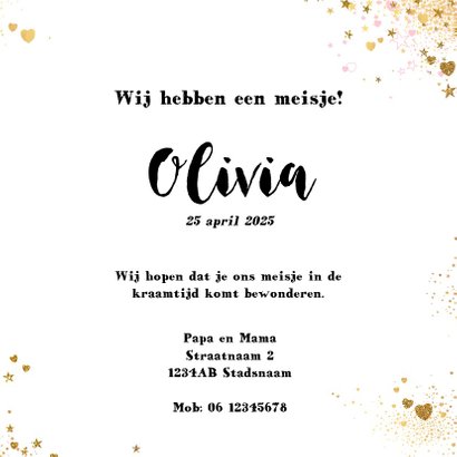 Geboorte hip kaartje gouden en roze hartjes en sterretjes 3