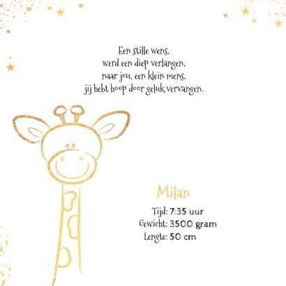 Geboorte hip kaartje met goudkleurig lief girafje 2