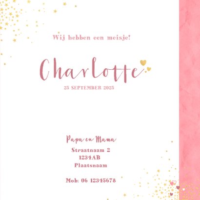Geboorte hip roze kaartje met een hart en sterretjes 3