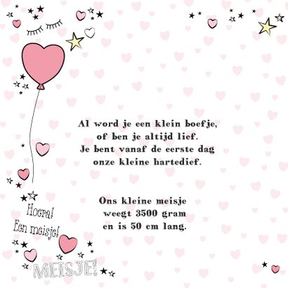 Geboorte hippe kaart in handlettering-stijl met hartjes 2