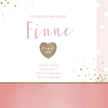 Geboorte lief en hip, roze kaartje met foto en hartjes 3