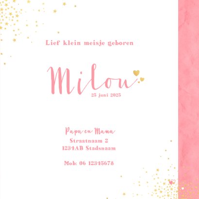 Geboorte lief roze kaartje met sterretjes en hartjes 3