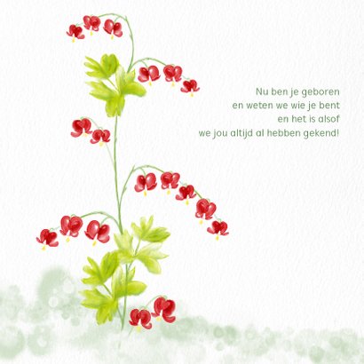Geboortekaart baby in hangmatje tussen bloemen 2