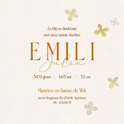 Geboortekaart gedroogde bloemen hortensia 3