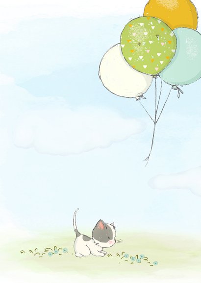 Geboortekaart jongen, kitten en ballonnen 2