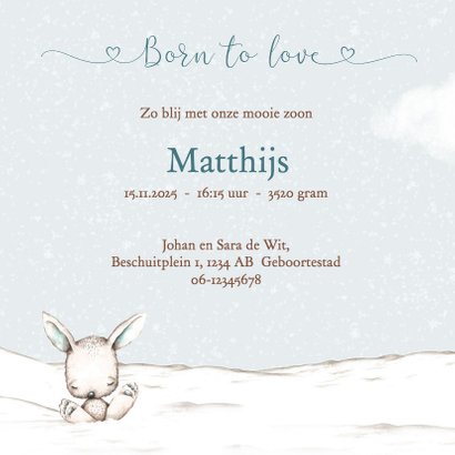 Geboortekaart jongen konijn in de winter 3