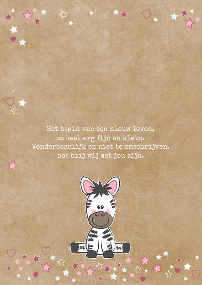 Geboortekaart lief zebra meisje kraft-stijl 2