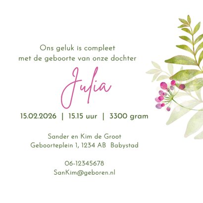 Geboortekaart meisje aquarel bloemen en foto 3