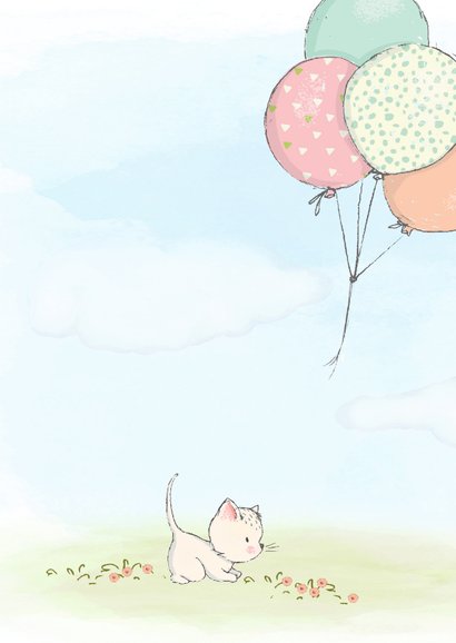 Geboortekaart meisje, kitten en ballonnen 2