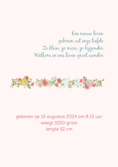 Geboortekaart meisje met konijn, ballon en bloemen 2