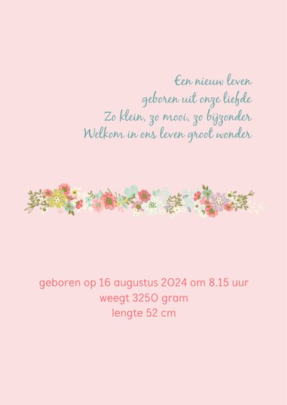 Geboortekaart meisje met konijn, ballon en bloemen 2
