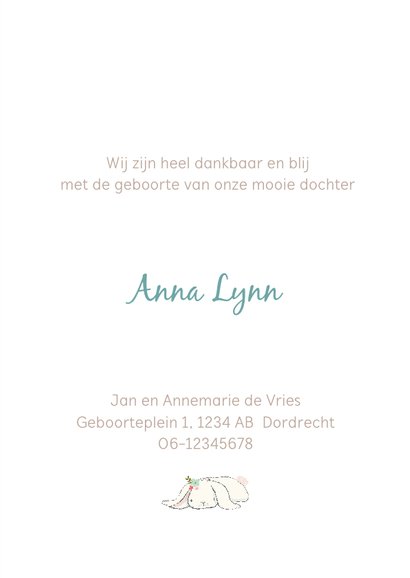 Geboortekaart meisje met konijn, ballon en bloemen 3