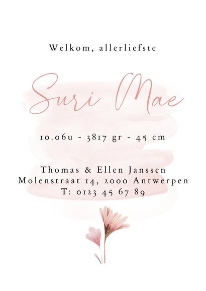 Geboortekaart meisje met pastel kleurige bloemen 3