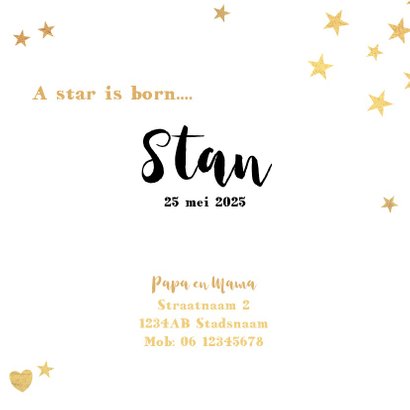 Geboortekaart met goudkleurige sterren en een hartje 3