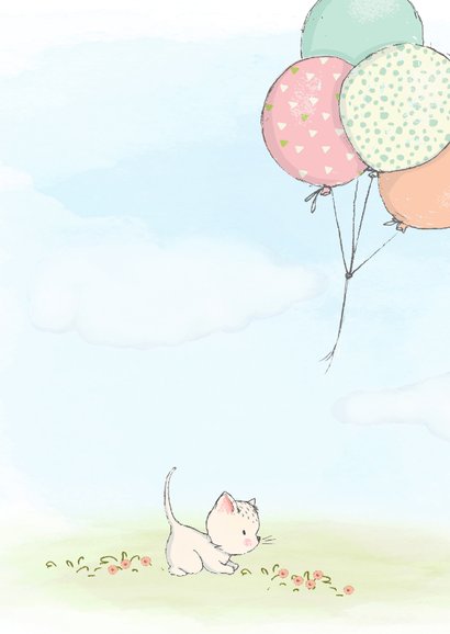 Geboortekaart met kitten en ballonnen 2
