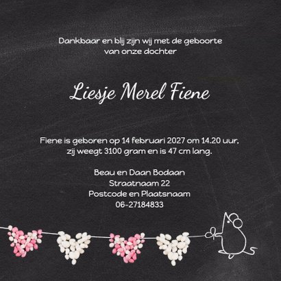 Geboortekaart muisjes roze hart 3