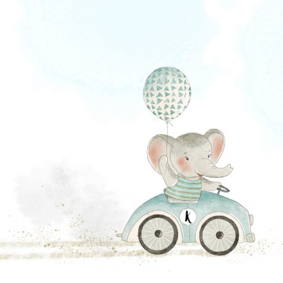 Geboortekaart olifant met ballon in auto 2