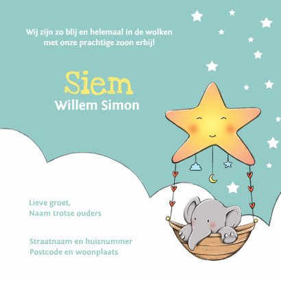 Geboortekaart olifantje Siem IH 3