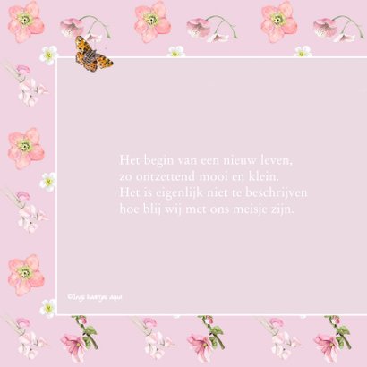 Geboortekaart Roze bloemen vlinder 2