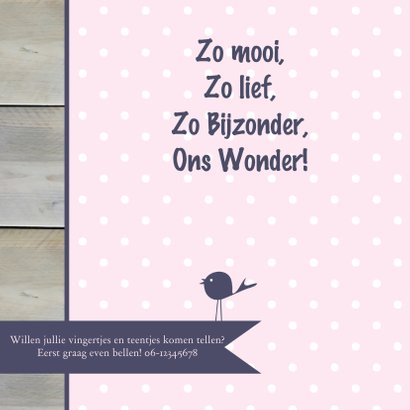 Geboortekaart roze vlag en vogel 2