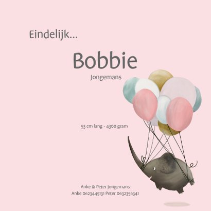 Geboortekaart schattige olifant met ballon 3