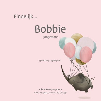 Geboortekaart schattige olifant met ballon 3