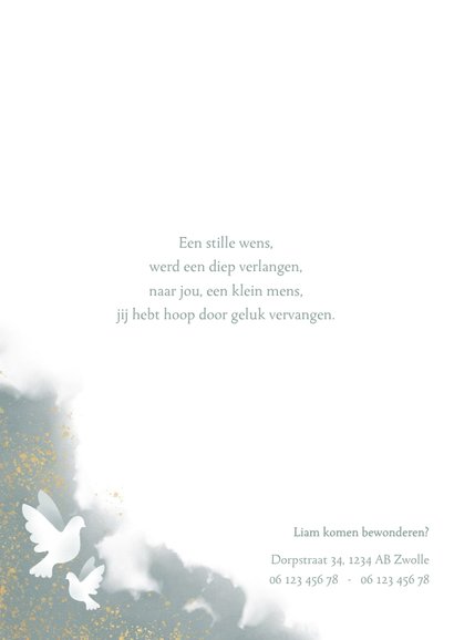 Geboortekaart voor een jongen met duif waterverf en spetters 2
